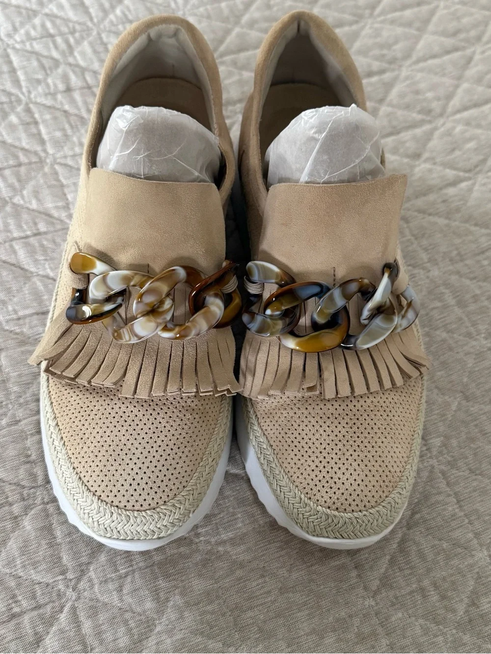 Vaneli Sport Tan Suede Platform Fringe Loafer Animal Print Chain Detail 7.5 M